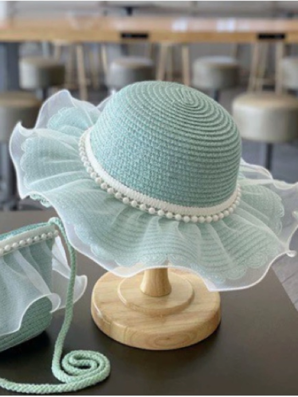 Children's Mint Green Ruffle Sun Hat with Pearl Trim